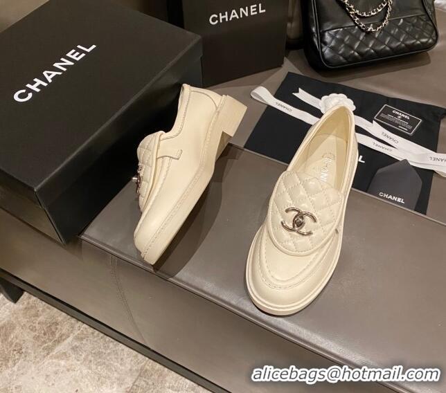 Best Price Chanel Leather Loafers with CC Foldover White 120278