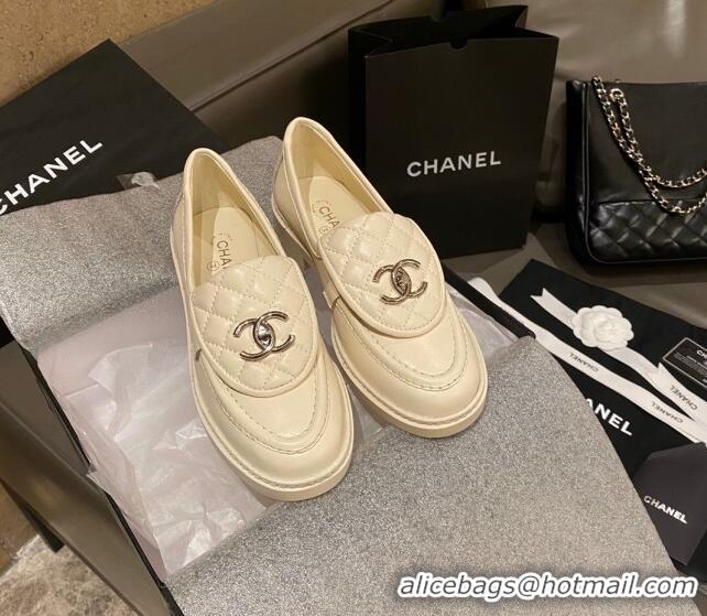 Best Price Chanel Leather Loafers with CC Foldover White 120278