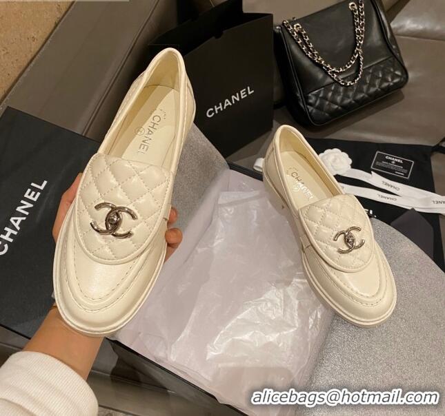 Best Price Chanel Leather Loafers with CC Foldover White 120278