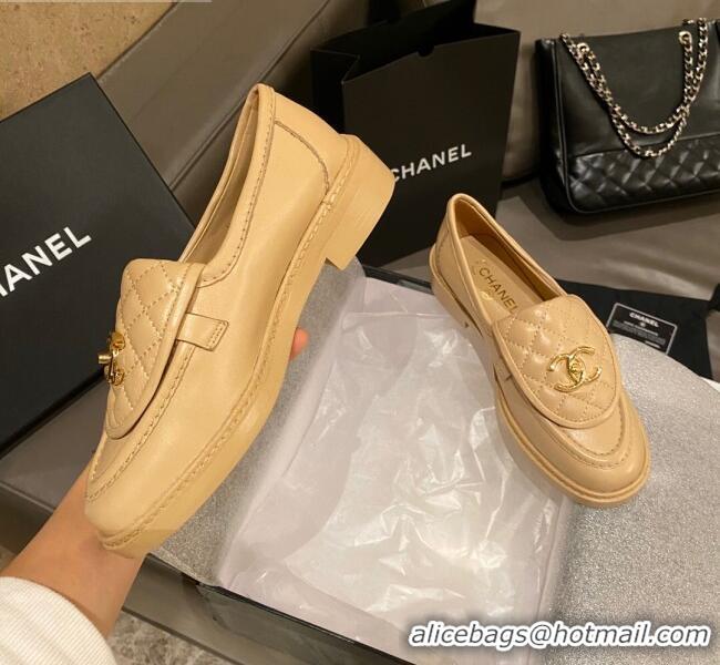 Best Price Chanel Leather Loafers with CC Foldover 120279 Beige