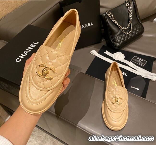 Best Price Chanel Leather Loafers with CC Foldover 120279 Beige