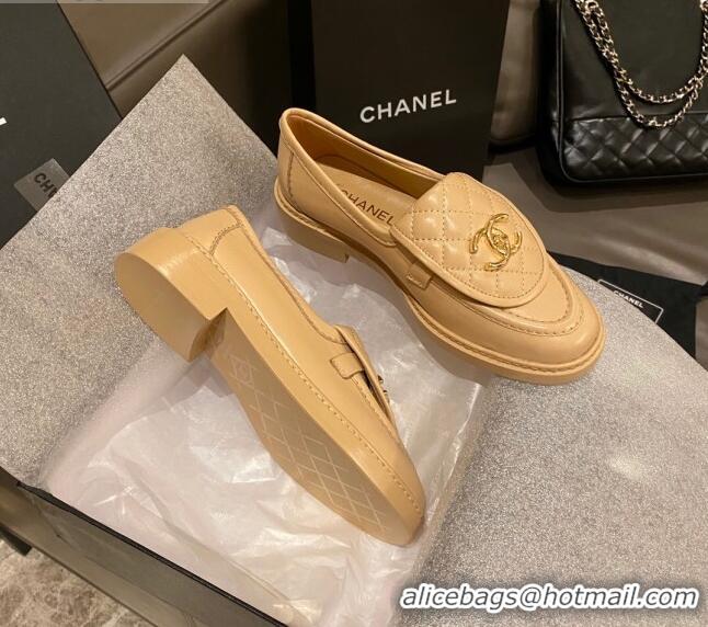 Best Price Chanel Leather Loafers with CC Foldover 120279 Beige