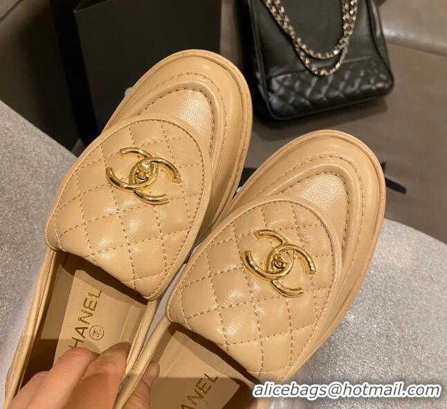 Best Price Chanel Leather Loafers with CC Foldover 120279 Beige