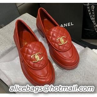 Low Price Chanel Leather Loafers with CC Foldover 120279 Red