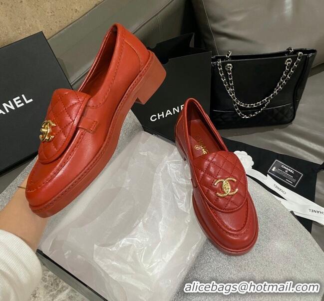 Low Price Chanel Leather Loafers with CC Foldover 120279 Red