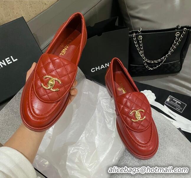 Low Price Chanel Leather Loafers with CC Foldover 120279 Red