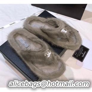 Best Design Chanel Mink Fur Flat Thong Sandals 120283 Gray