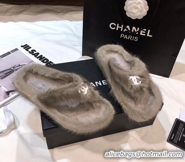 Best Design Chanel Mink Fur Flat Thong Sandals 120283 Gray