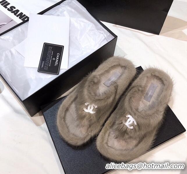 Best Design Chanel Mink Fur Flat Thong Sandals 120283 Gray