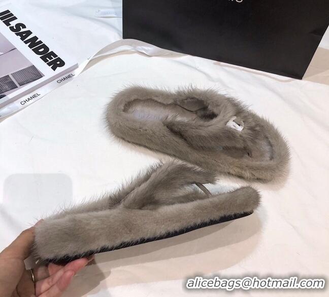 Best Design Chanel Mink Fur Flat Thong Sandals 120283 Gray