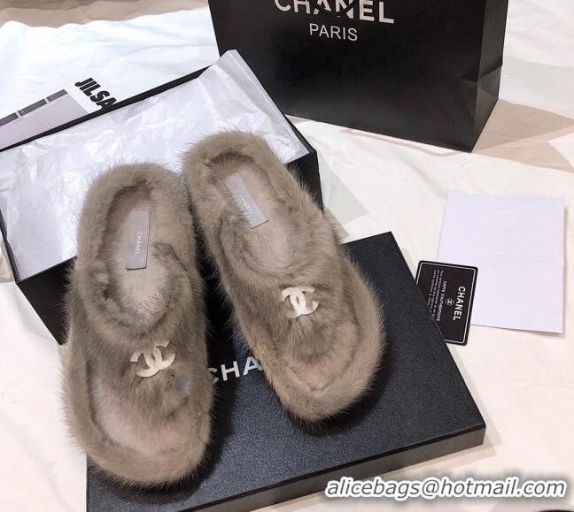 Best Design Chanel Mink Fur Flat Thong Sandals 120283 Gray