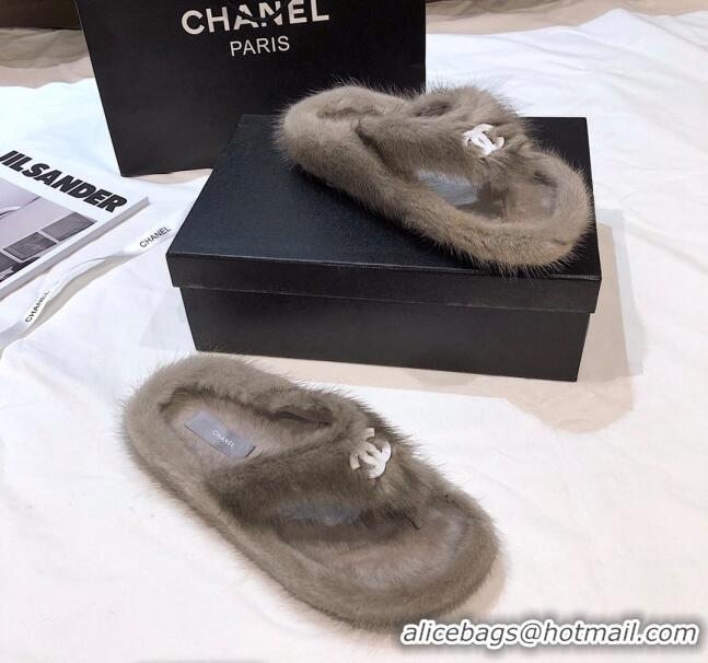 Best Design Chanel Mink Fur Flat Thong Sandals 120283 Gray