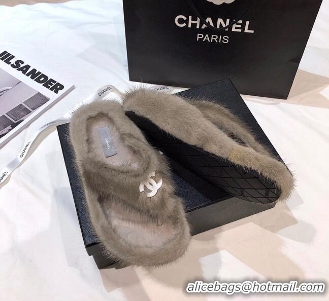 Best Design Chanel Mink Fur Flat Thong Sandals 120283 Gray