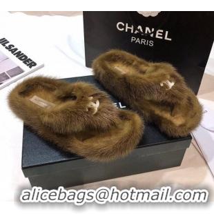 Best Quality Chanel Mink Fur Flat Thong Sandals 120283 Brown