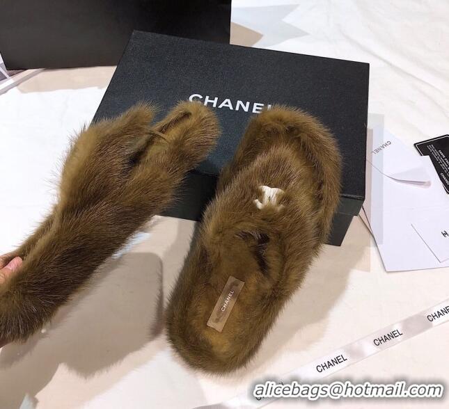 Best Quality Chanel Mink Fur Flat Thong Sandals 120283 Brown