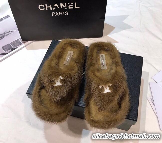 Best Quality Chanel Mink Fur Flat Thong Sandals 120283 Brown