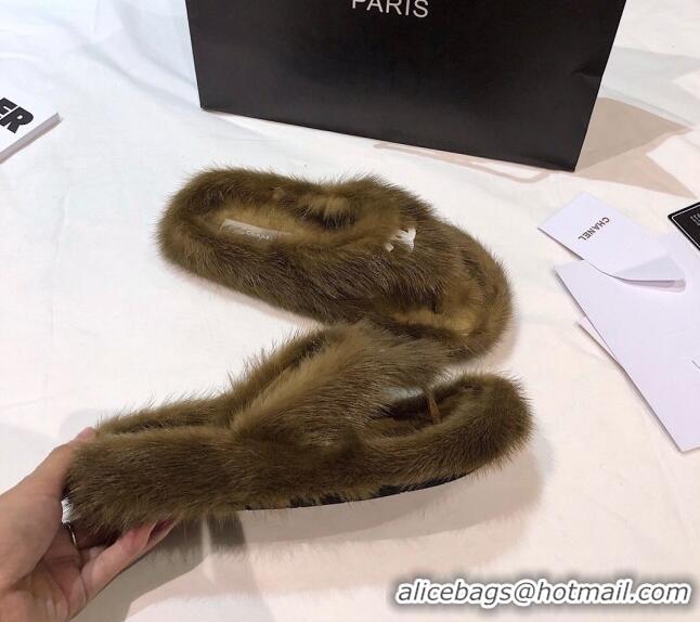 Best Quality Chanel Mink Fur Flat Thong Sandals 120283 Brown