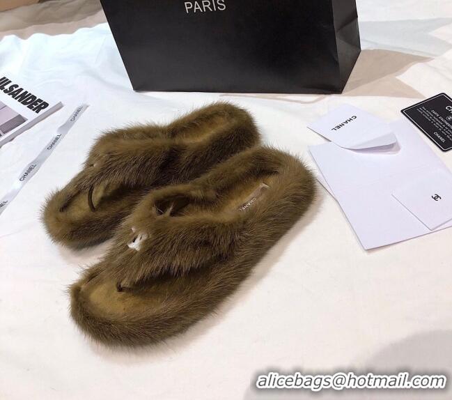 Best Quality Chanel Mink Fur Flat Thong Sandals 120283 Brown