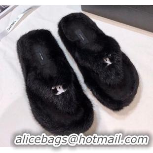 Shop Chanel Mink Fur Flat Thong Sandals 120283 Black