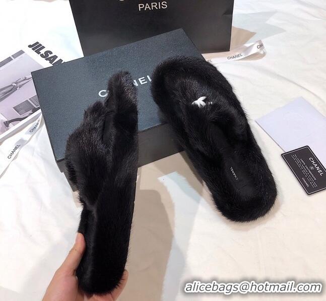 Shop Chanel Mink Fur Flat Thong Sandals 120283 Black