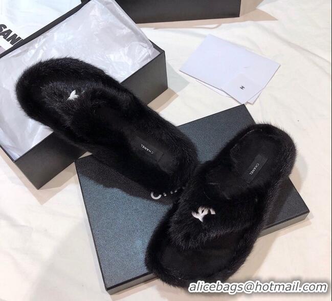 Shop Chanel Mink Fur Flat Thong Sandals 120283 Black