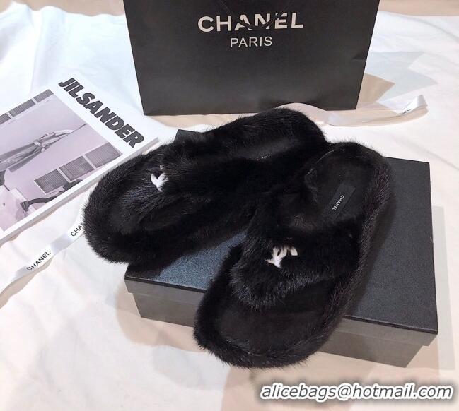 Shop Chanel Mink Fur Flat Thong Sandals 120283 Black