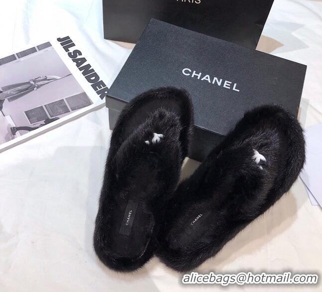 Shop Chanel Mink Fur Flat Thong Sandals 120283 Black