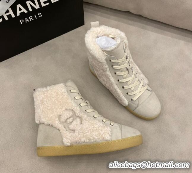 New Style Chanel Suede and CC Shearling Wool Short Boots 120422 Gray