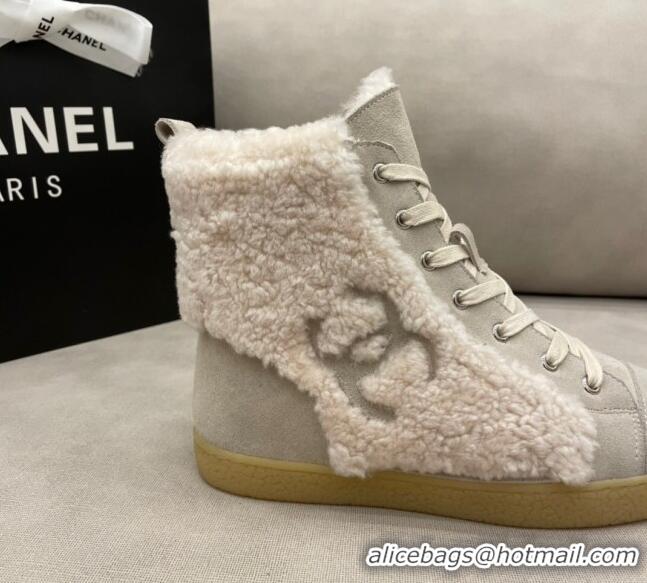 New Style Chanel Suede and CC Shearling Wool Short Boots 120422 Gray