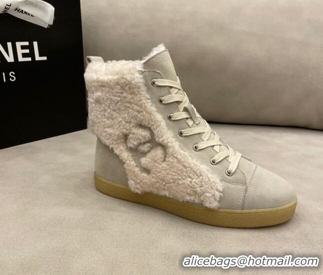 New Style Chanel Suede and CC Shearling Wool Short Boots 120422 Gray