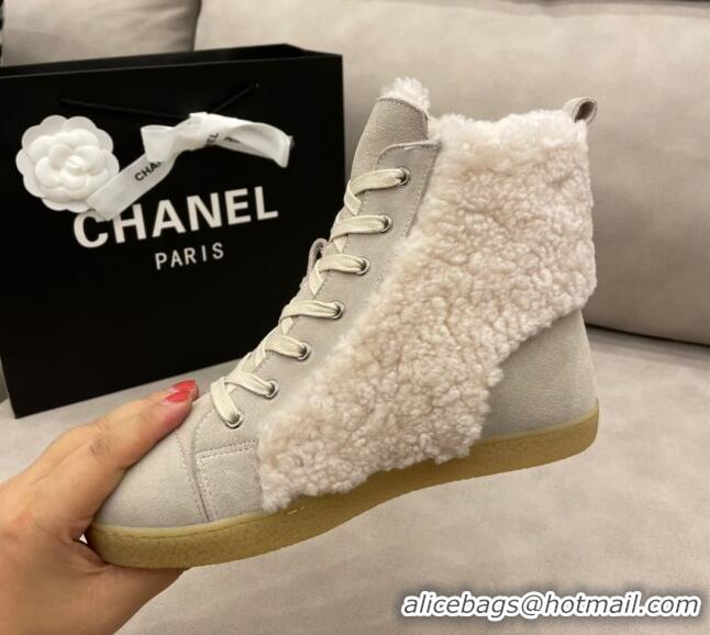 New Style Chanel Suede and CC Shearling Wool Short Boots 120422 Gray