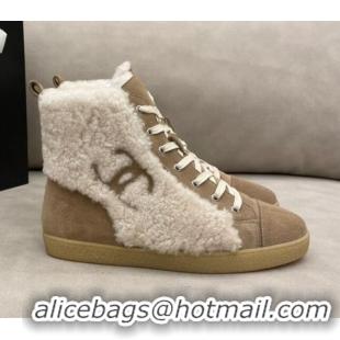 Best Quality Chanel Suede and CC Shearling Wool Short Boots 120422 Brown