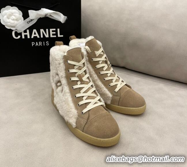 Best Quality Chanel Suede and CC Shearling Wool Short Boots 120422 Brown