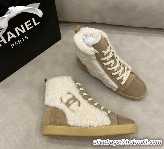 Best Quality Chanel Suede and CC Shearling Wool Short Boots 120422 Brown