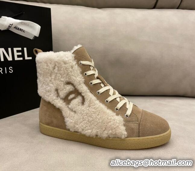 Best Quality Chanel Suede and CC Shearling Wool Short Boots 120422 Brown