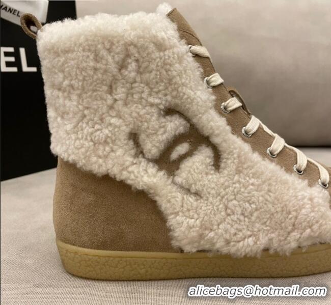 Best Quality Chanel Suede and CC Shearling Wool Short Boots 120422 Brown