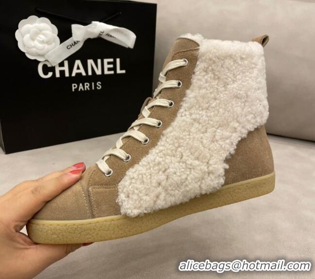 Best Quality Chanel Suede and CC Shearling Wool Short Boots 120422 Brown