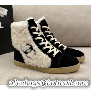 Good Product Chanel Suede and CC Shearling Wool Short Boots 120422 Black