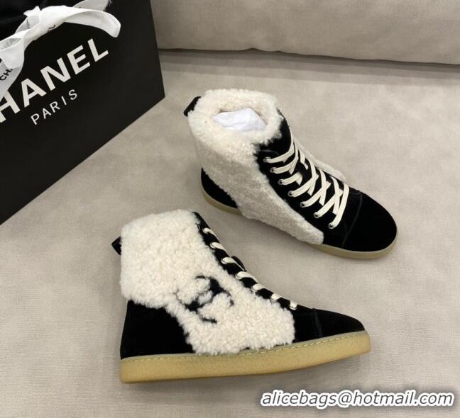 Good Product Chanel Suede and CC Shearling Wool Short Boots 120422 Black