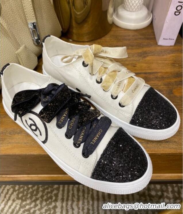 Charming Chanel Canvas Sequins Sneakers 326 White/Balck