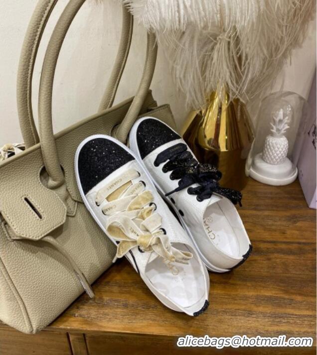 Charming Chanel Canvas Sequins Sneakers 326 White/Balck