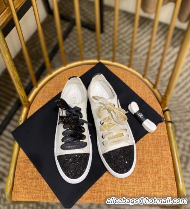 Charming Chanel Canvas Sequins Sneakers 326 White/Balck