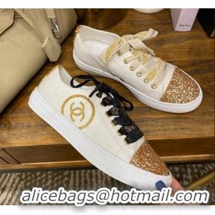 Top Quality Chanel Canvas Sequins Sneakers 326 White/Gold