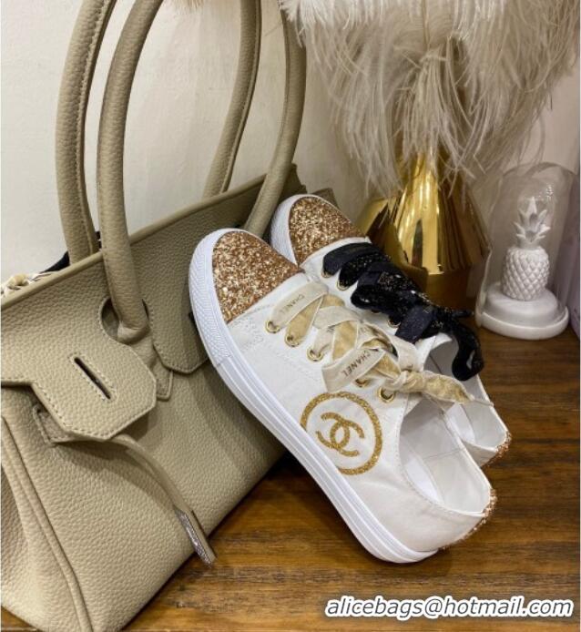 Top Quality Chanel Canvas Sequins Sneakers 326 White/Gold