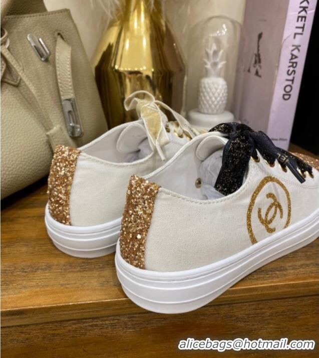 Top Quality Chanel Canvas Sequins Sneakers 326 White/Gold