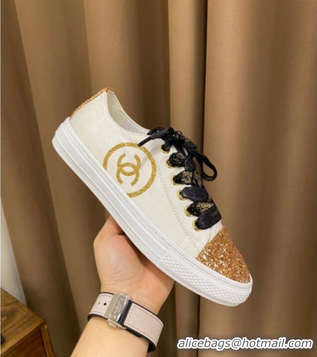 Top Quality Chanel Canvas Sequins Sneakers 326 White/Gold