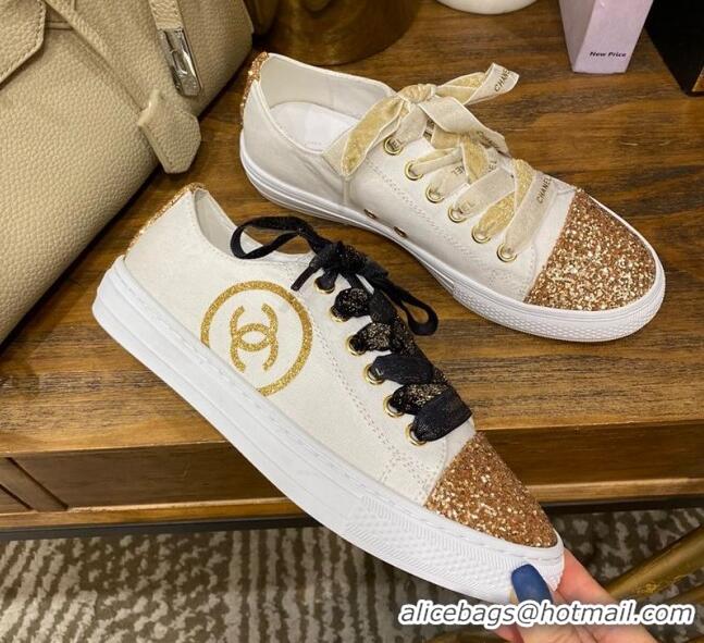 Top Quality Chanel Canvas Sequins Sneakers 326 White/Gold