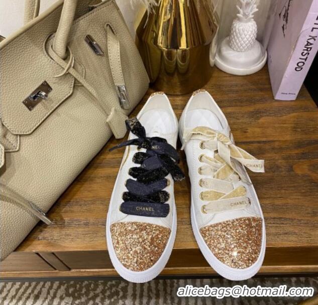 Top Quality Chanel Canvas Sequins Sneakers 326 White/Gold