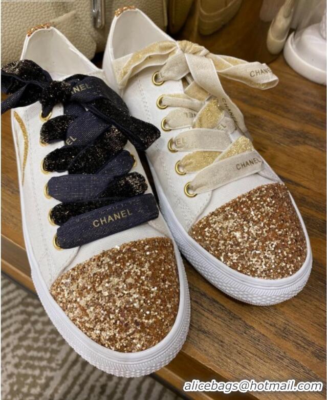 Top Quality Chanel Canvas Sequins Sneakers 326 White/Gold