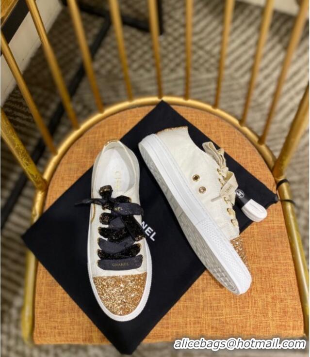 Top Quality Chanel Canvas Sequins Sneakers 326 White/Gold